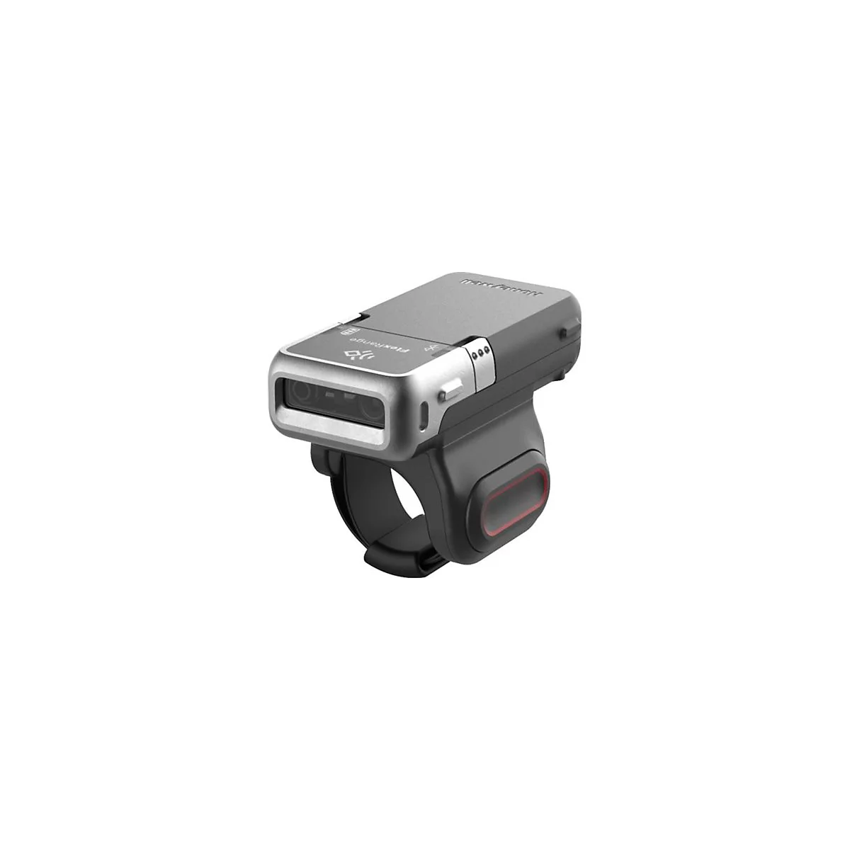 Scanner de codes-barres gris avec bracelet noir. Dessus avec texte FlexRange et symboles.
