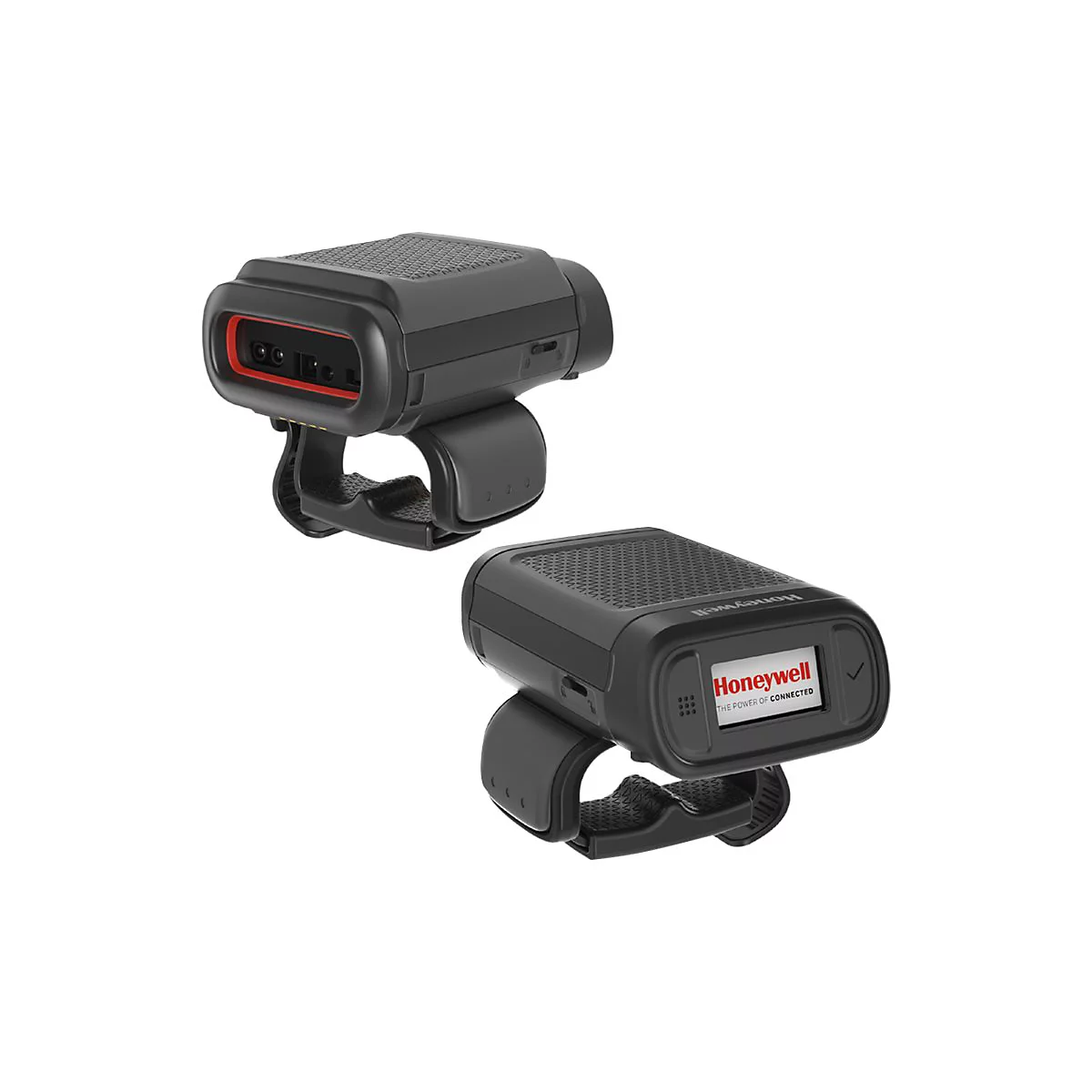 Zwei schwarze Ring-Scanner mit Honeywell-Logo. Einer zeigt einen roten Scanbereich, der andere ein Display.