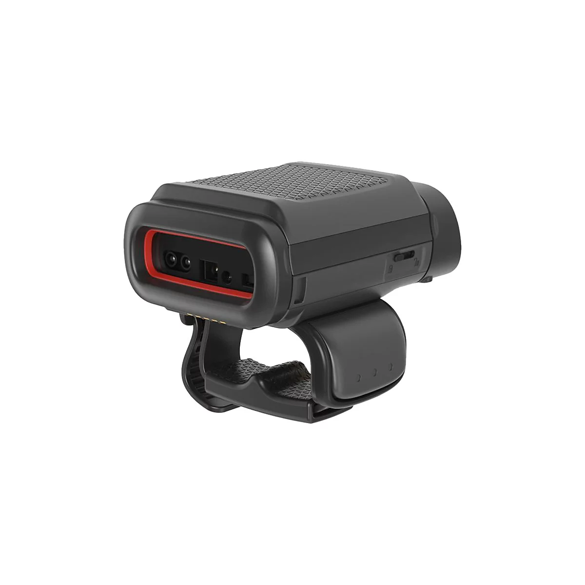 Schwarzes Gerät mit rotem Akzent, an Handgelenk befestigt. Oberseite mit Wabenmuster, seitlich Schalter, vorne Linsen.