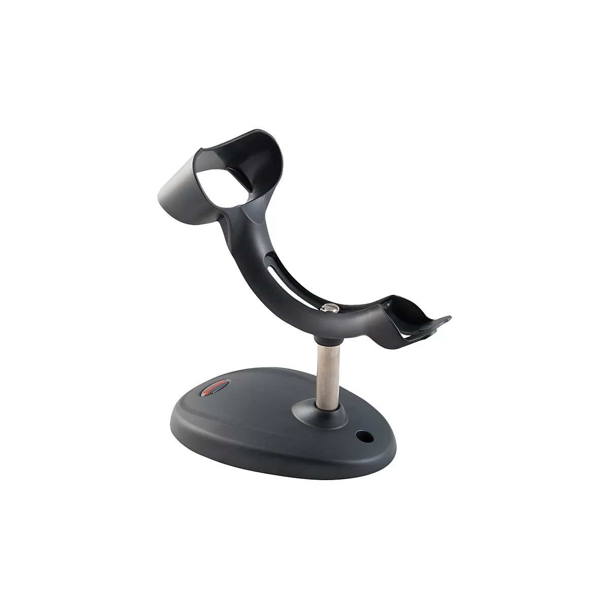 Schwarze Scanner-Halterung, Standfuß mit Metallstange und Ablage für den Scanner.