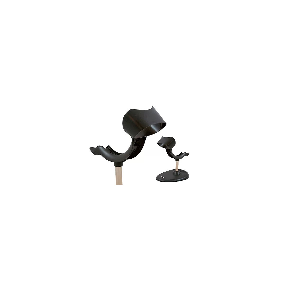 Zwei schwarze Barcode-Scanner-Halterungen vor weißem Hintergrund. Eine stehend, die andere auf einer Basis.