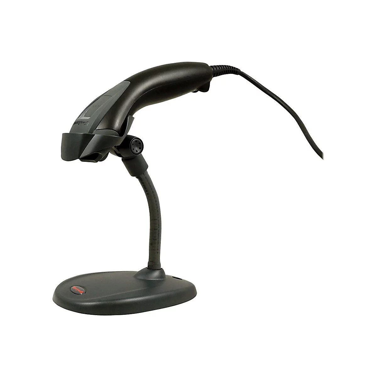 Schwarzer Barcodescanner mit Ständer. Der Scanner ist auf einem weißen Hintergrund abgebildet.