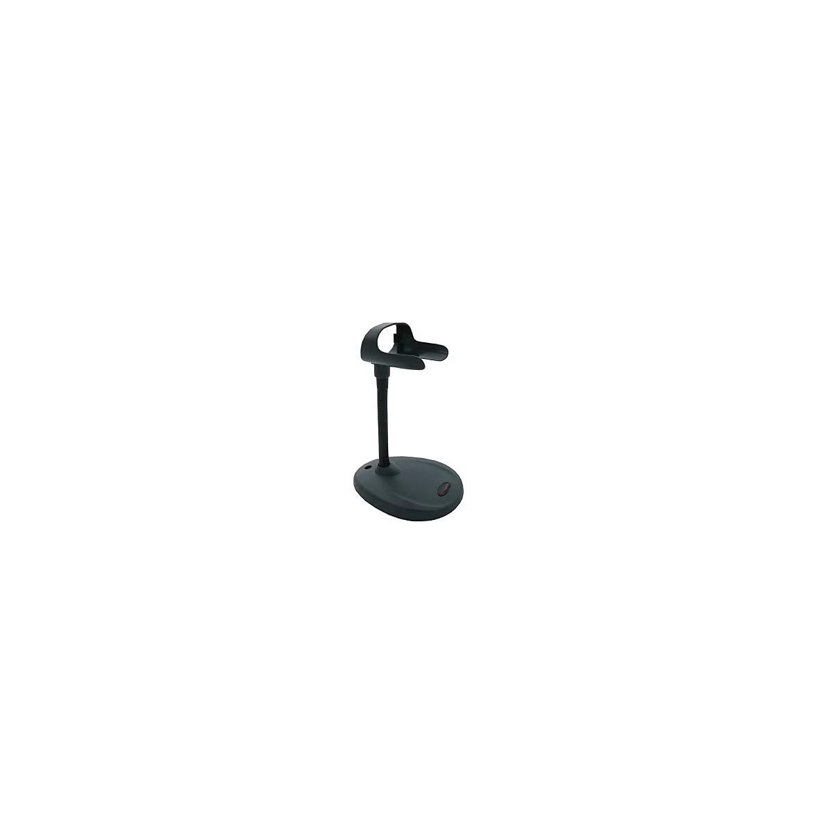 Ein schwarzer Scanner-Halter auf weißem Hintergrund. Er hat eine ovale Basis, einen flexiblen Hals und eine Halterung für den Scanner.