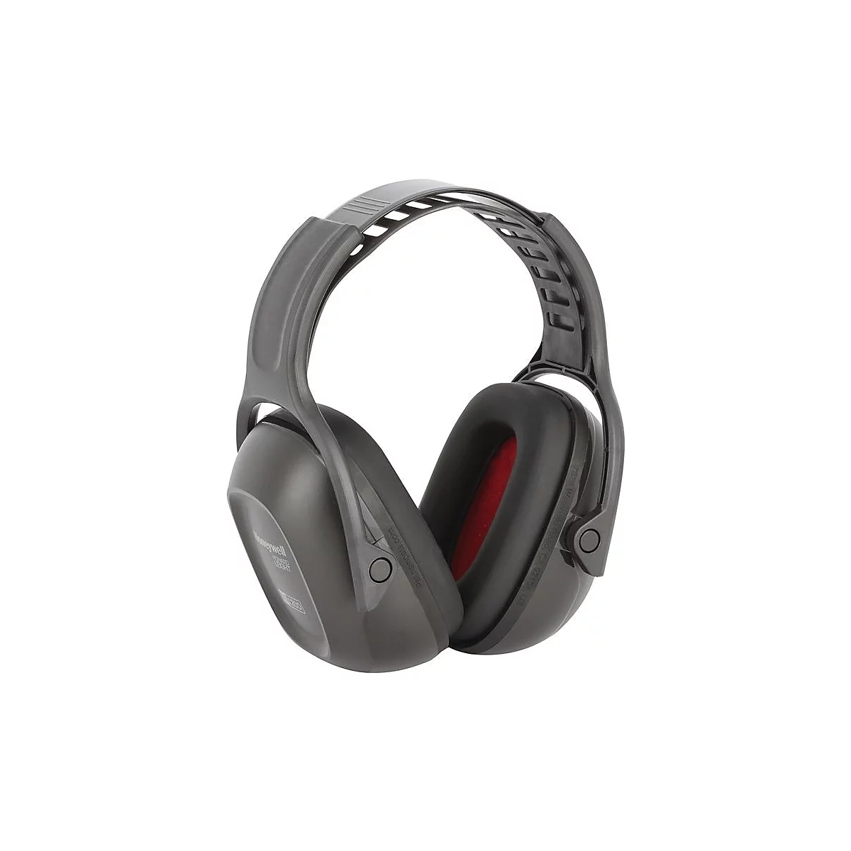 Casque antibruit gris foncé avec rembourrage intérieur rouge. Un lettrage est visible sur le casque antibruit.