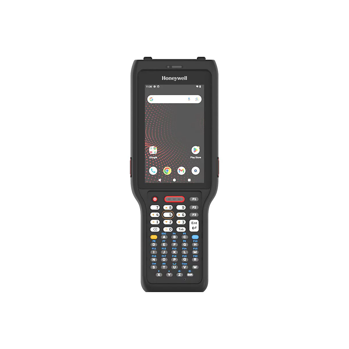 Ein schwarzes Honeywell Handheld-Gerät mit Tasten und Touchscreen. Auf dem Bildschirm sind Apps und eine Google-Suchleiste zu sehen.