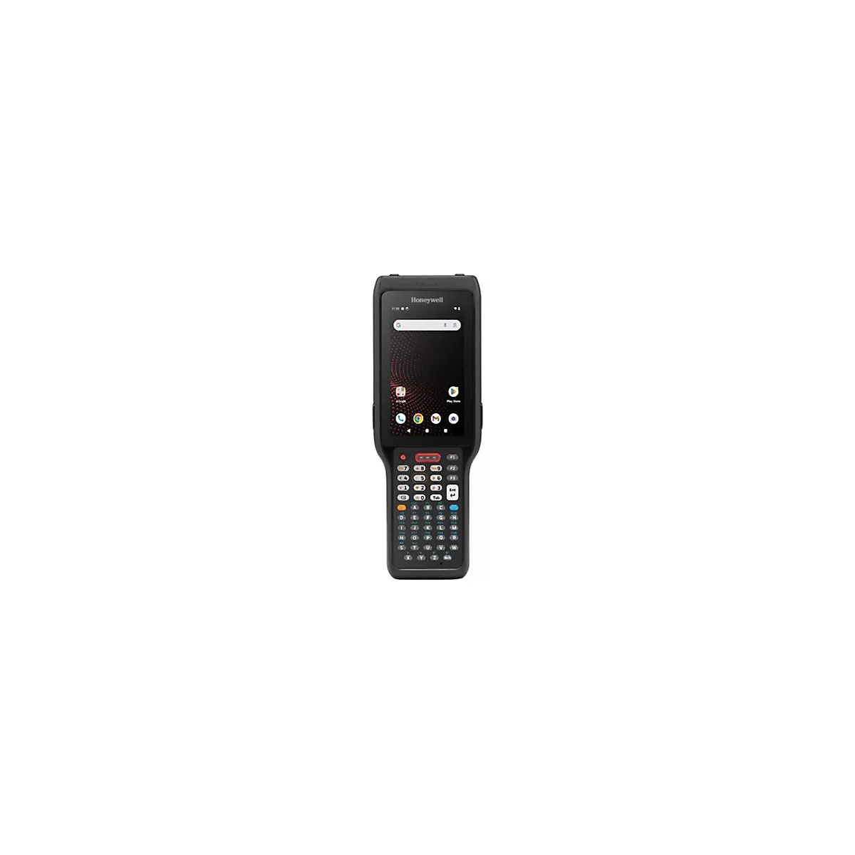 Ein schwarzes Honeywell Barcodescanner-Gerät mit Touchscreen und Tastatur. Der Bildschirm zeigt eine Suchleiste und App-Symbole.