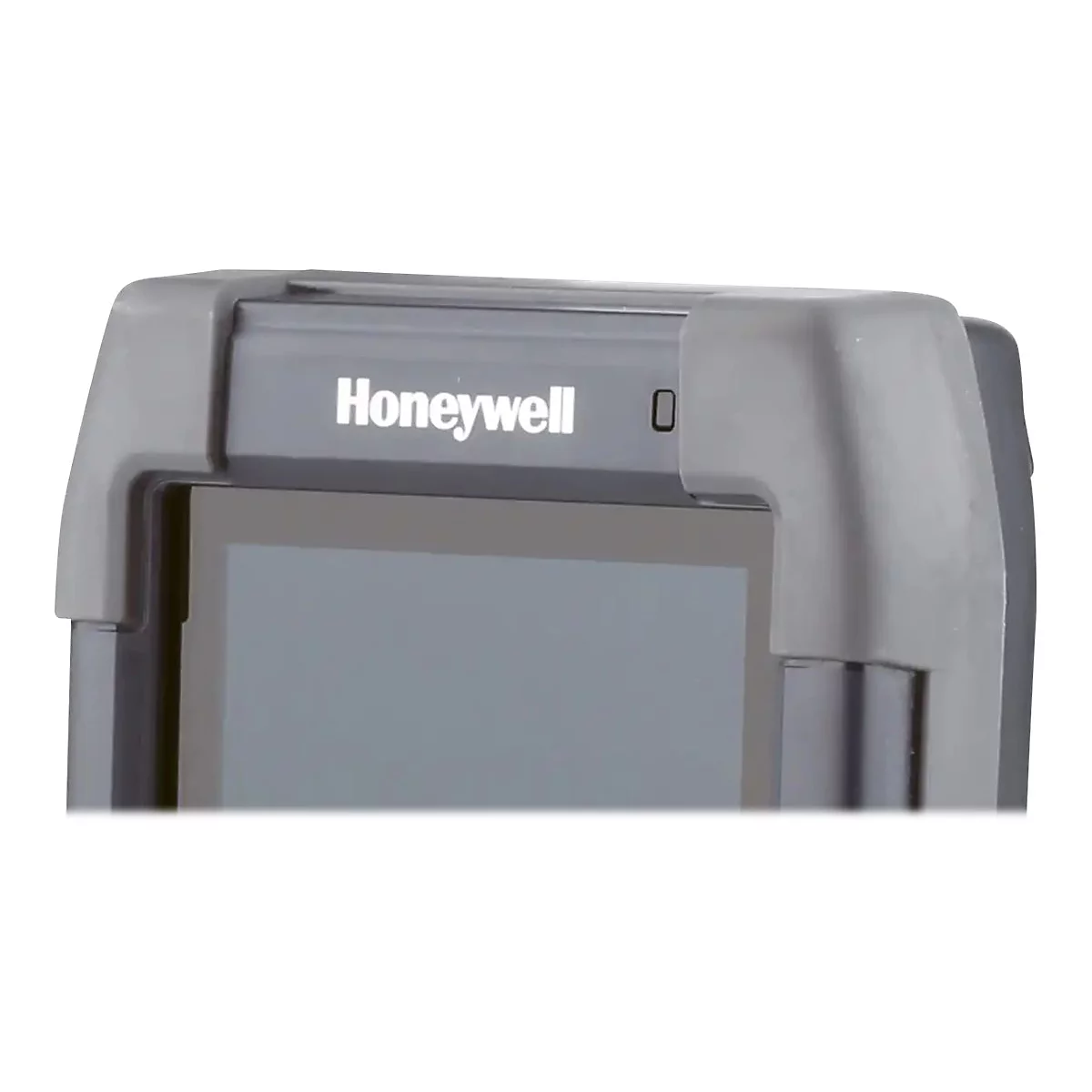Gros plan d'un appareil portable Honeywell. Boîtier gris, logo Honeywell.