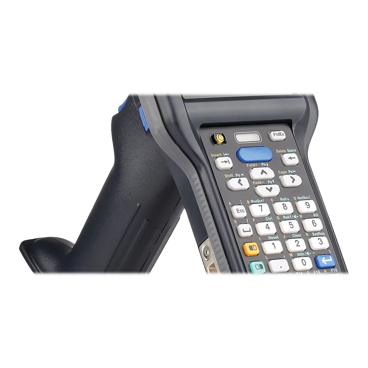 Nahaufnahme eines schwarzen Handheld-Scanners mit numerischer Tastatur und blauen Akzenten.