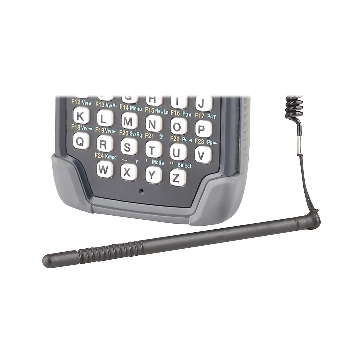 Nahaufnahme eines schwarzen Handheld-Computers mit Tastatur und Stift.