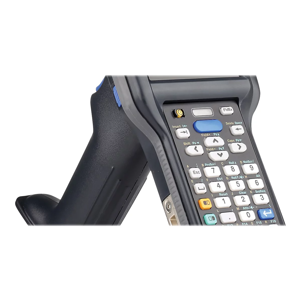 Nahaufnahme eines schwarzen Handheld-Computers mit vielen Knöpfen und einem Griff.