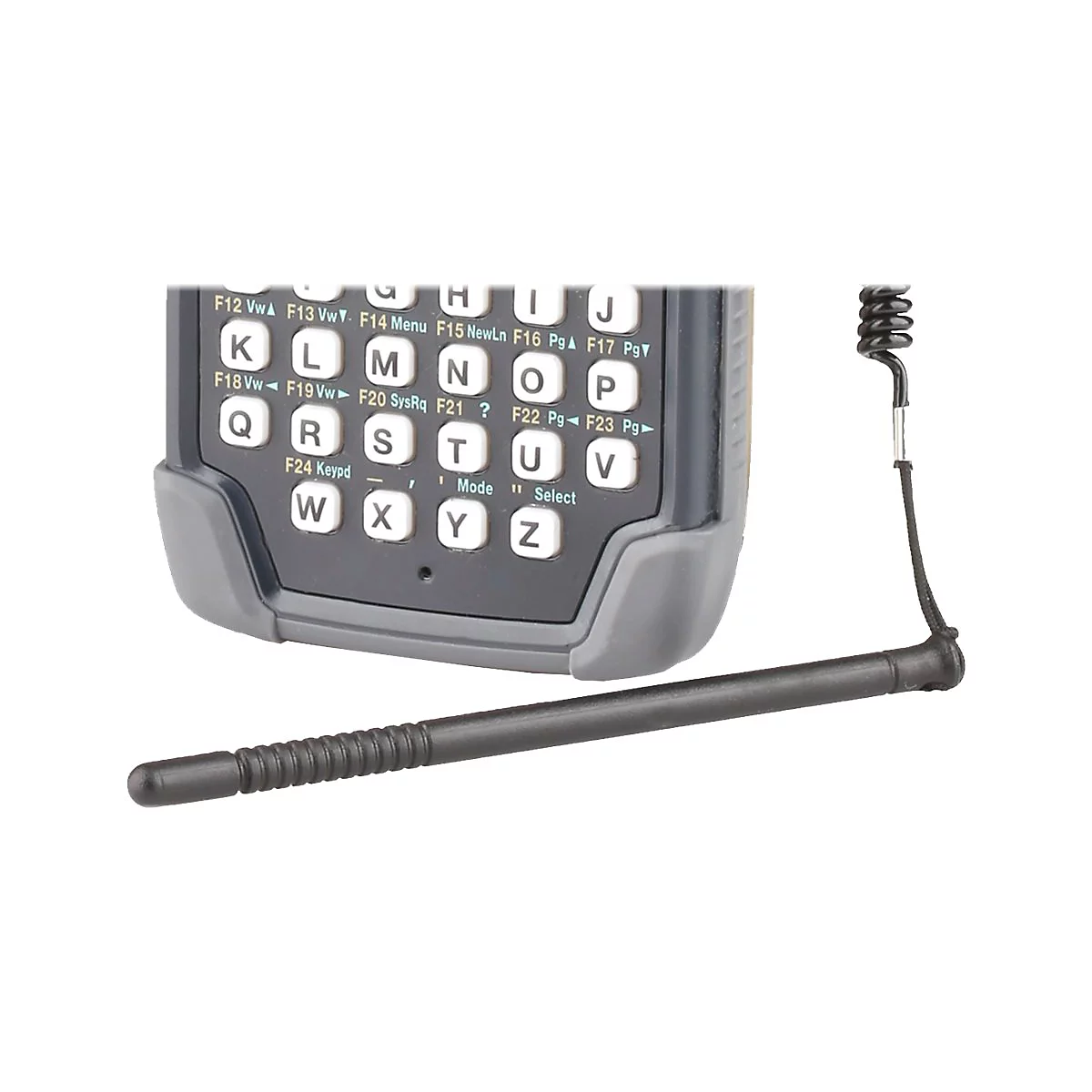 Nahaufnahme eines schwarzen Handheld-Scanners mit Tastatur und Stift. Die Tastatur hat Buchstaben und Funktionstasten.