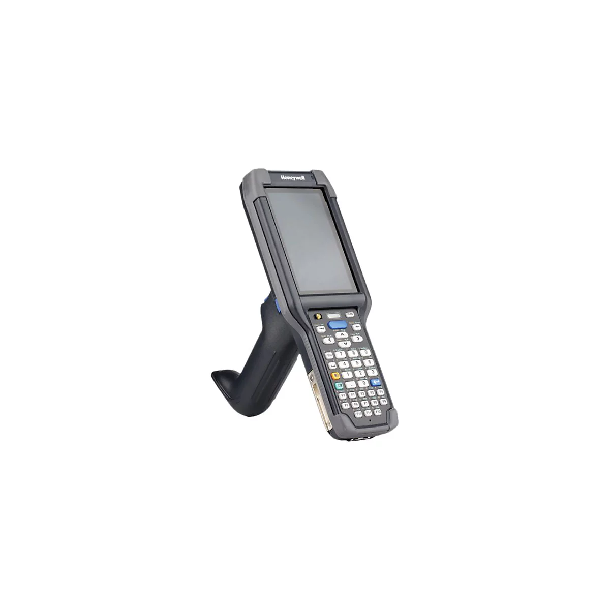 Ein graues Handheld-Gerät mit Bildschirm, Tastatur und Griff.