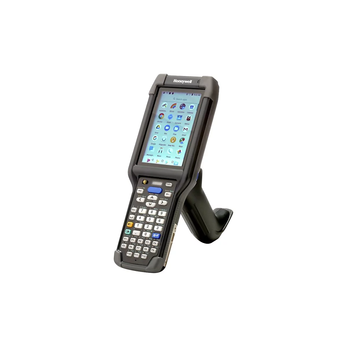 Ein grauer Honeywell-Barcode-Scanner mit Touchscreen und Tasten. Auf dem Bildschirm sind App-Symbole zu sehen, er steht auf einer schwarzen Halterung.