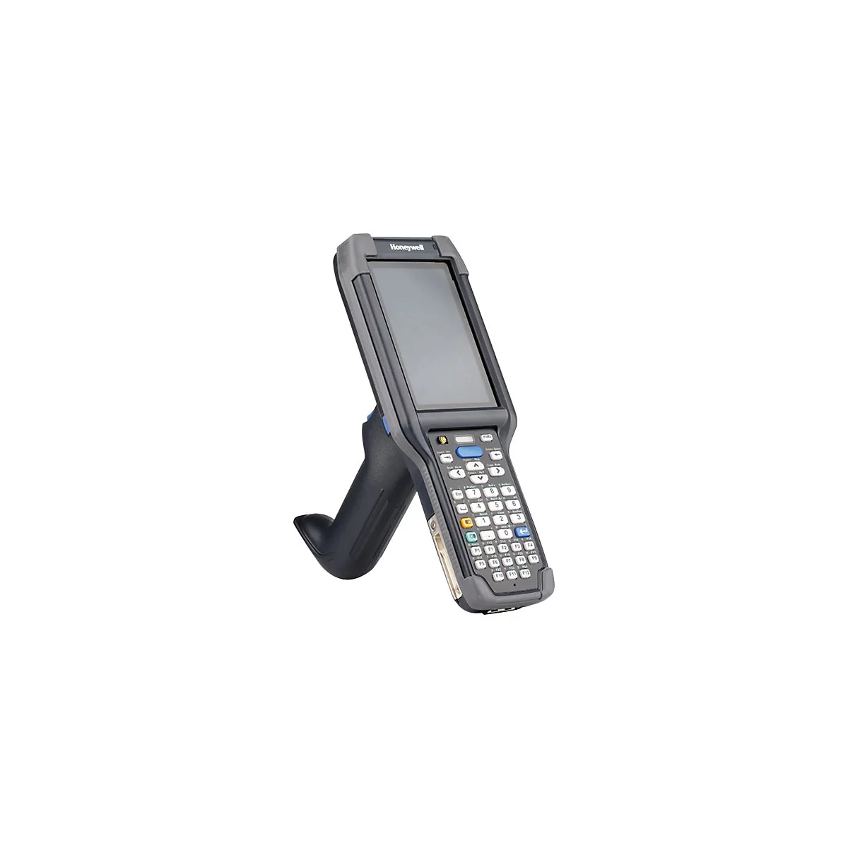 Dunkelgraues Handheld-GerÃ¤t mit Bildschirm, Tastatur und Griff. Auf dem Display ist nichts zu sehen.