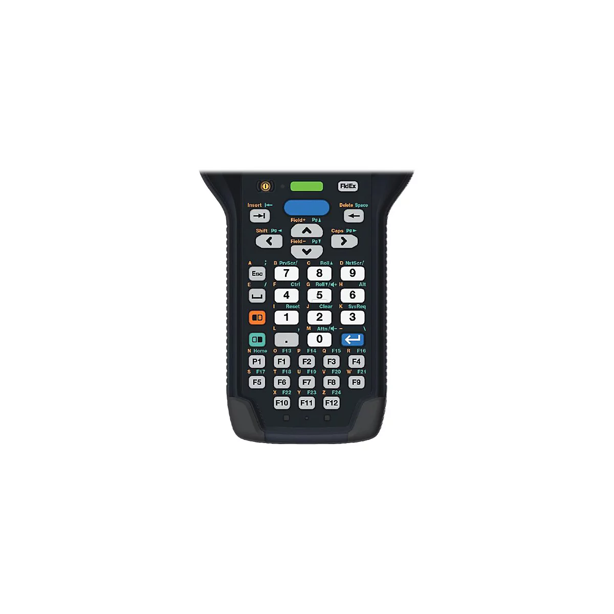 Handheld-Barcode-Scanner mit Tasten. Schwarzes GehÃ¤use mit Tasten in WeiÃŸ und Blau, darunter Ziffern und Funktionstasten.