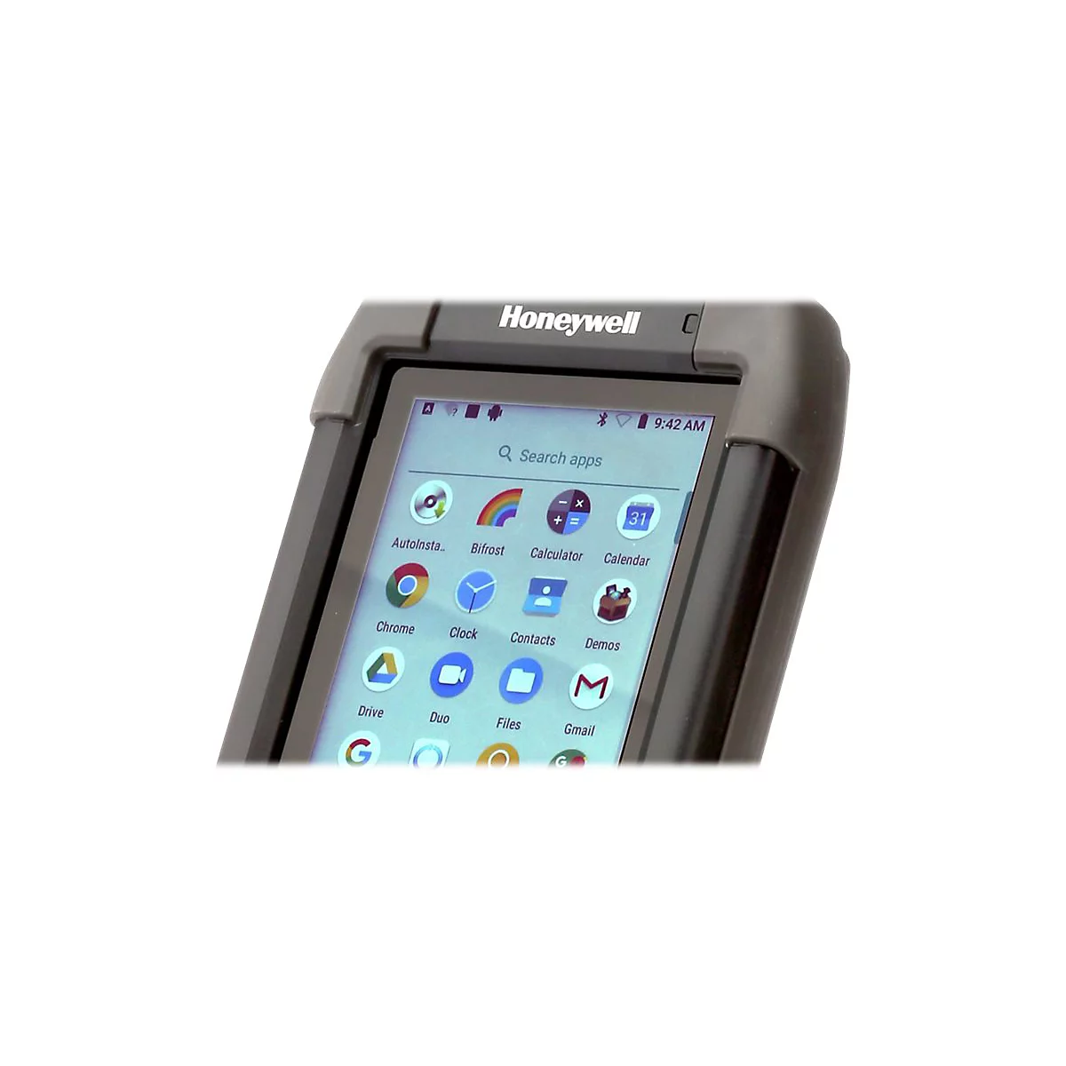 Detailaufnahme eines Honeywell-GerÃ¤ts mit App-Symbolen auf dem Bildschirm.