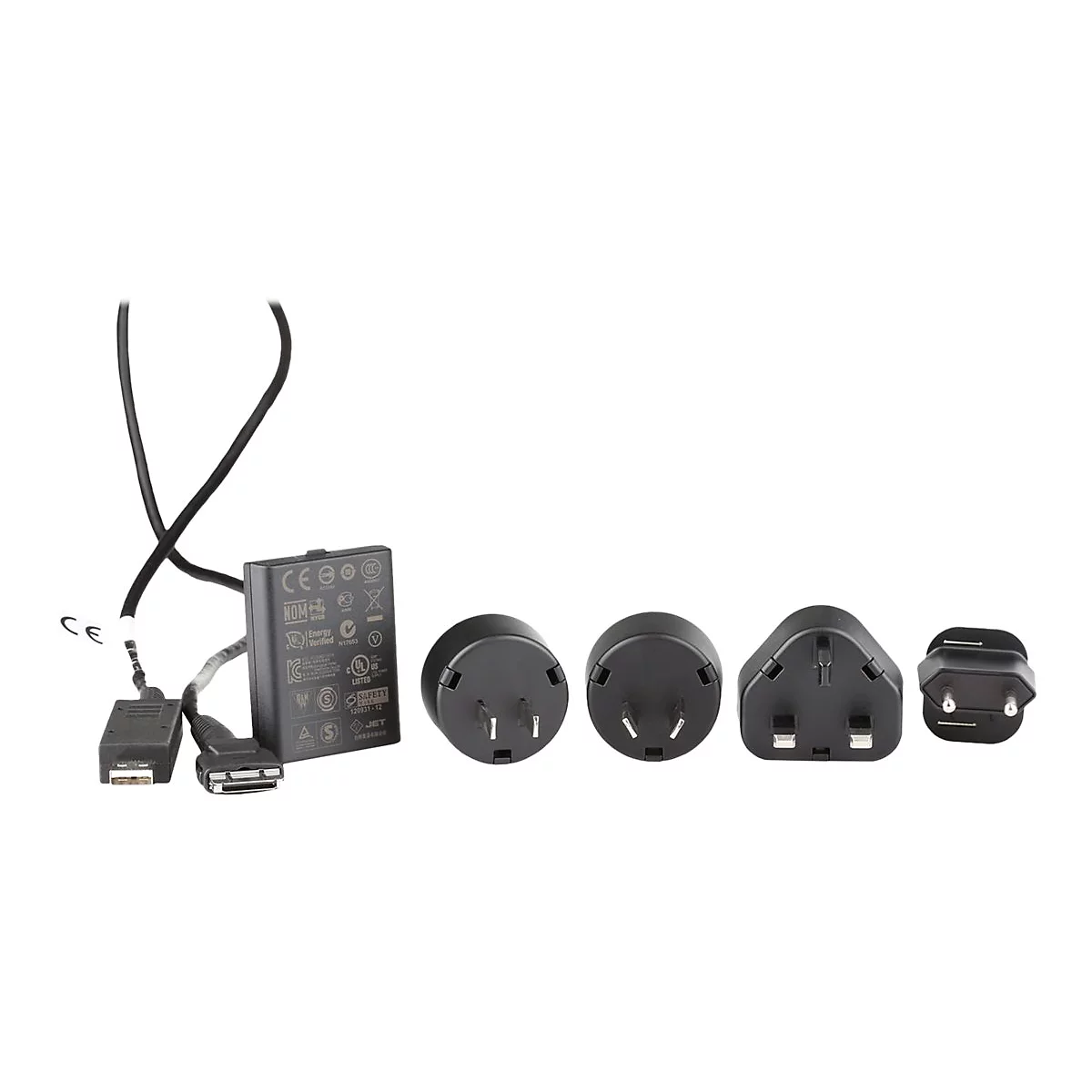 Schwarzes LadegerÃ¤t-Set mit mehreren AufsÃ¤tzen. Ein Netzteil mit Kabeln und verschiedene Stecker-Adapter.