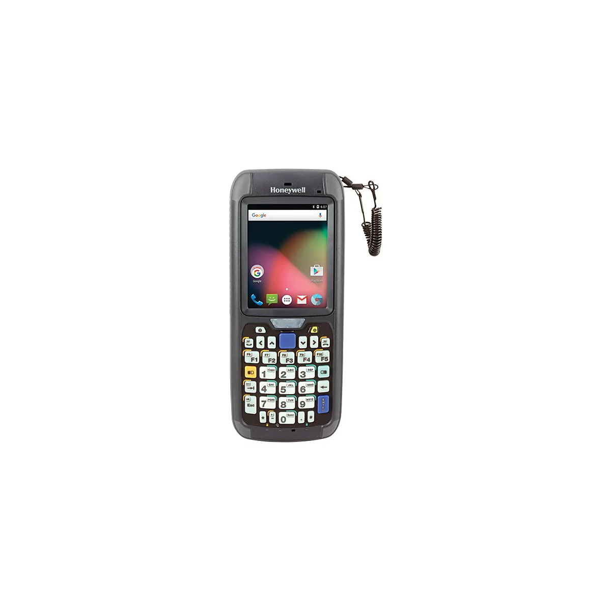 Handscanner in Schwarz mit Bildschirm und Tastatur. An der Oberseite ist ein Textilband befestigt.