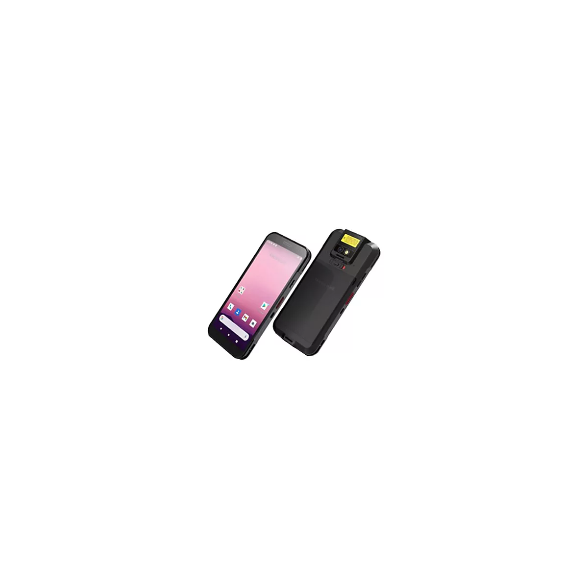 Zwei Honeywell Industrie-Smartphones in Schwarz, Front- und Rückansicht mit Barcodescanner.