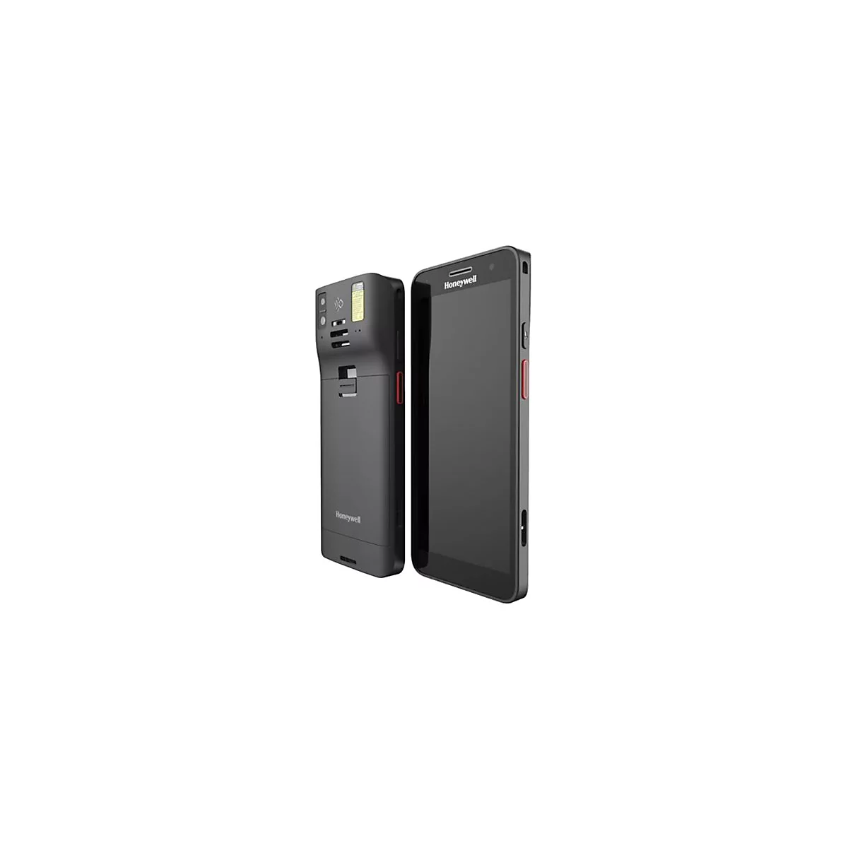 Zwei graue Handheld-Geräte, eines mit einem Scanner, das andere mit einem Bildschirm. Beide Geräte haben rote Akzente und den Honeywell-Schriftzug.
