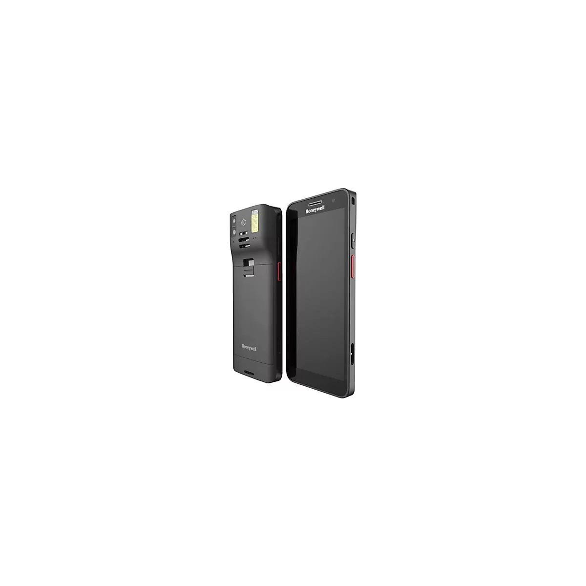 Deux appareils Honeywell gris sur fond blanc. L'un est un ordinateur mobile, l'autre un scanner.