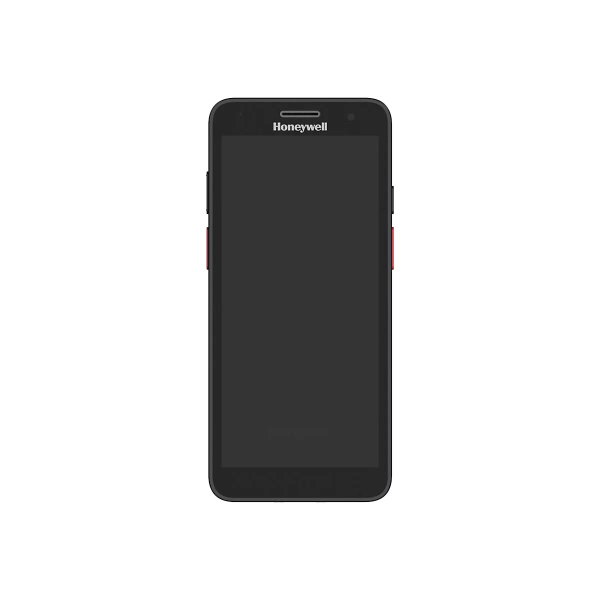 Smartphone noir avec bouton d'accentuation rouge. L'écran est sombre, logo Honeywell.