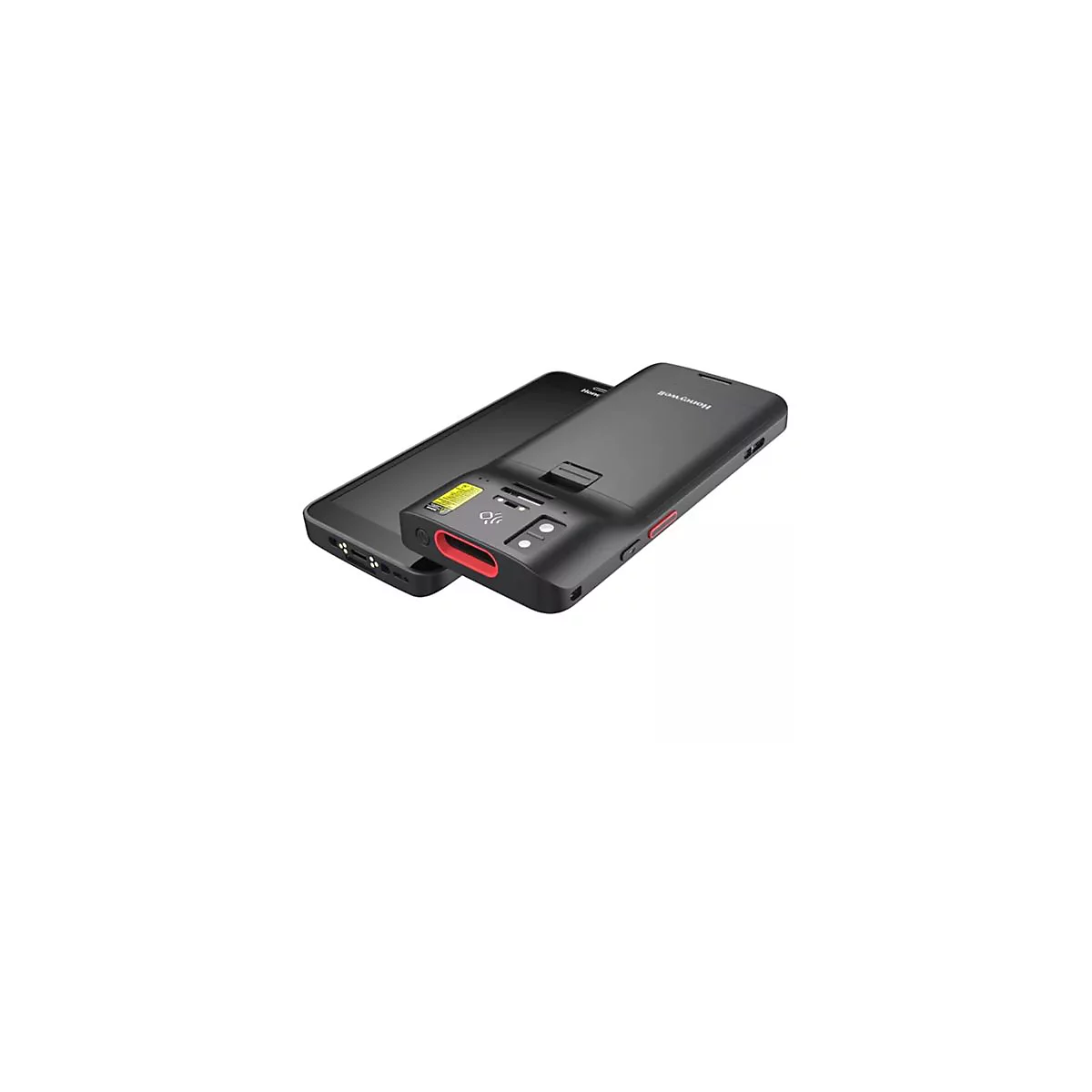 Lecteur de codes-barres Honeywell noir sur un smartphone noir. Bouton rouge et zone de scanner rouge.