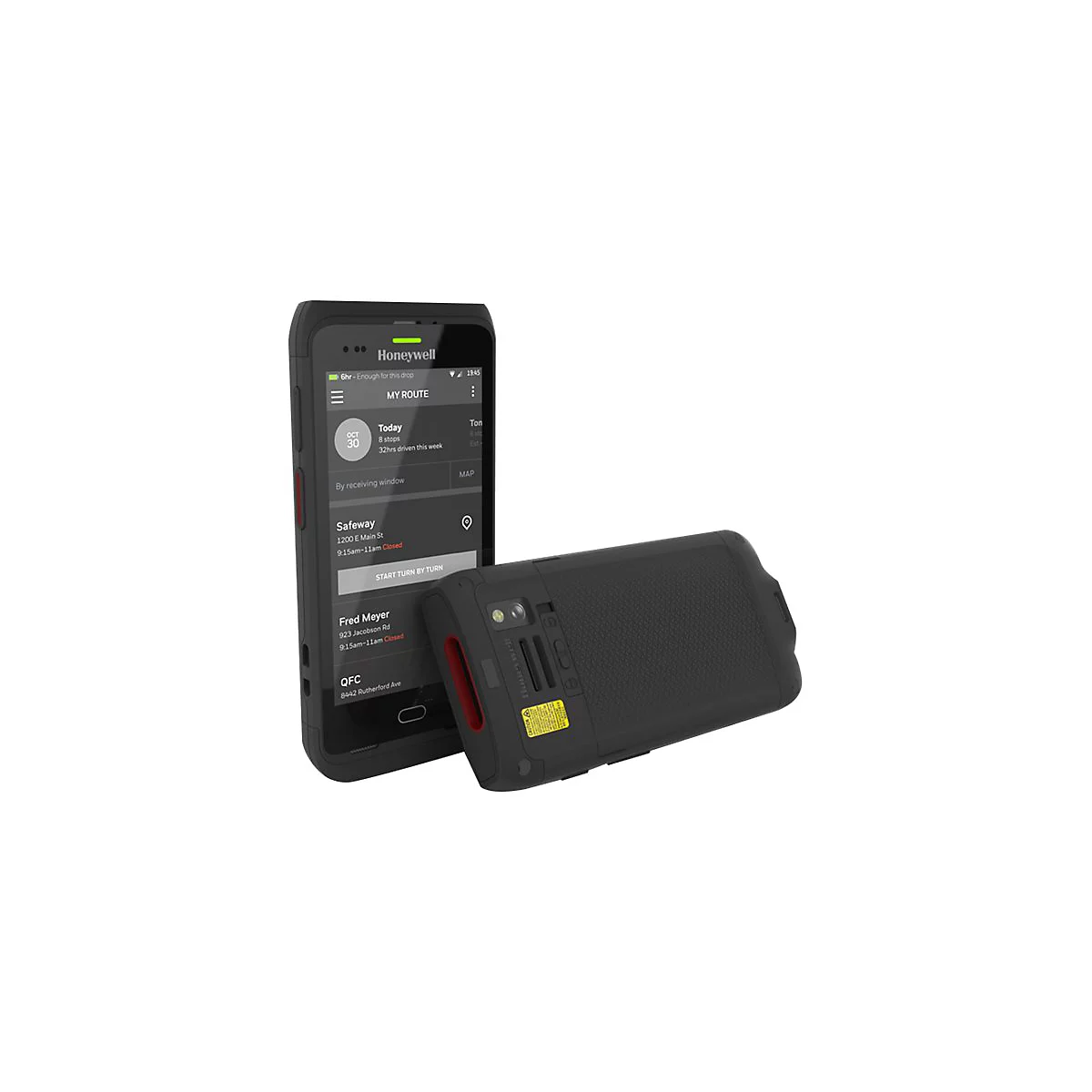 Ein schwarzes Honeywell-Handheld-Gerät mit geöffnetem Bildschirm und einem danebenliegenden Gerät. Auf dem Bildschirm ist eine Routenübersicht mit Adressdaten zu sehen.