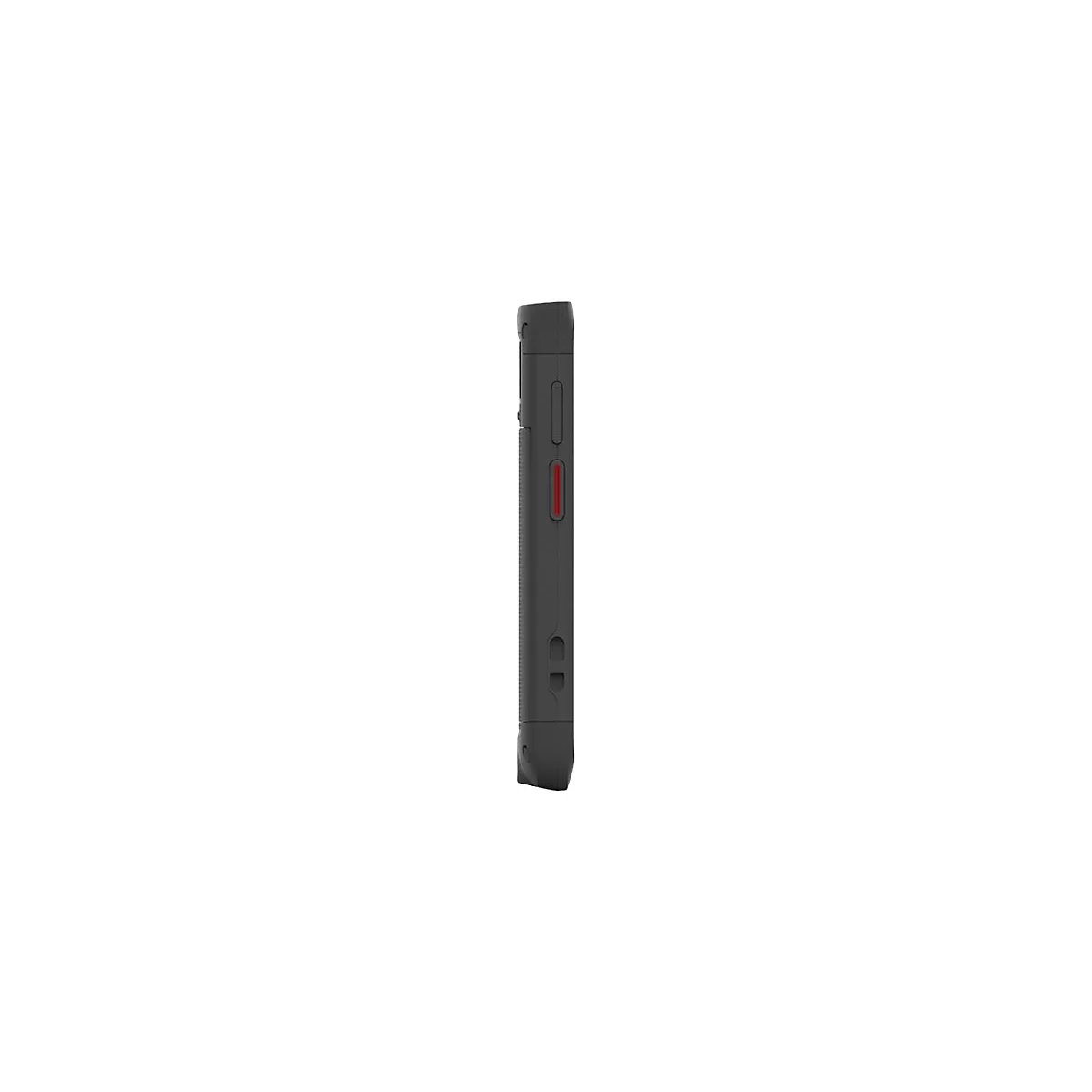 Dunkelgraue Smartphone-Hülle, Seitenansicht. Knöpfe und roter Akzent sichtbar.