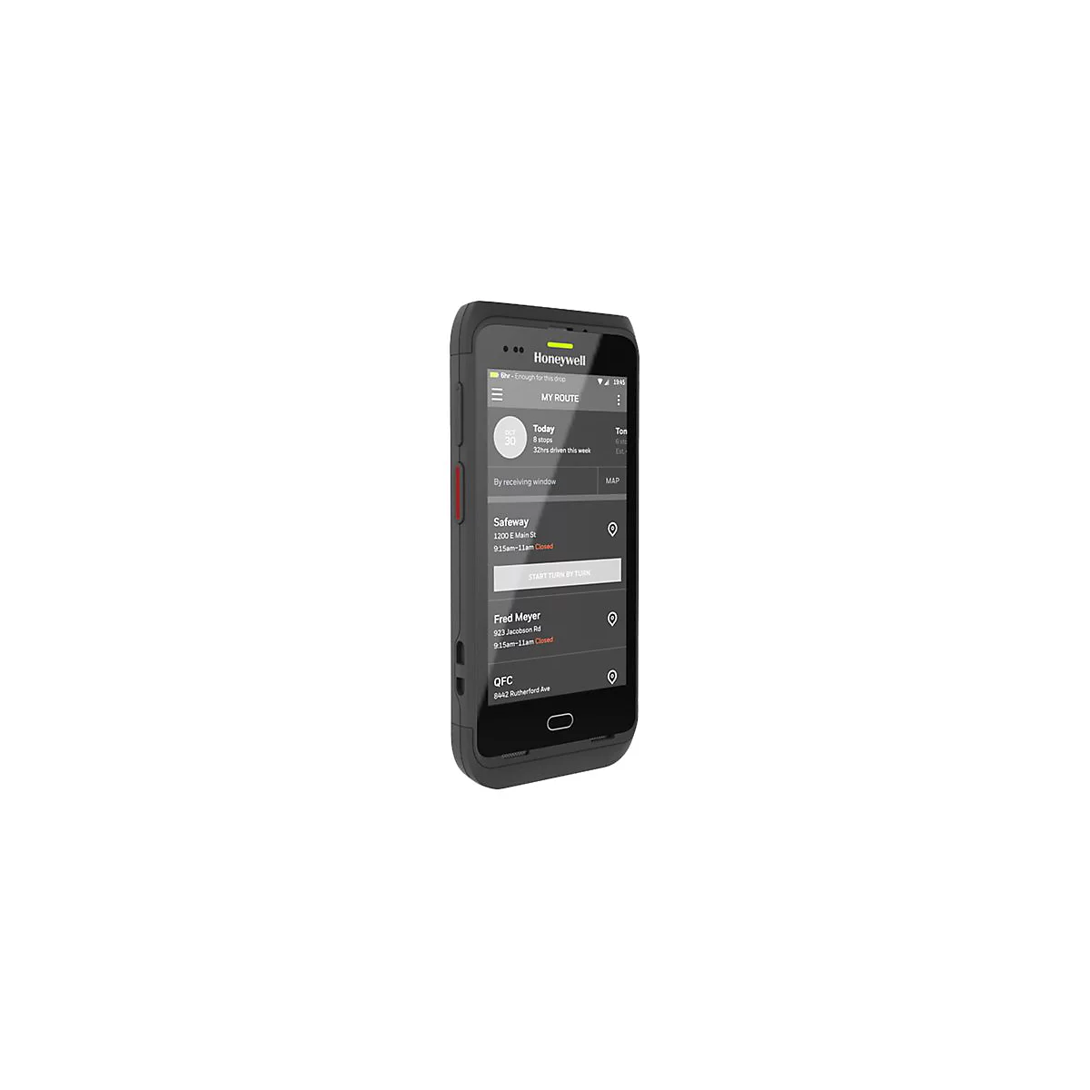 Schwarzes Honeywell-Smartphone mit Routen-App. Auf dem Bildschirm sind mehrere Ziele mit Adressen angezeigt.