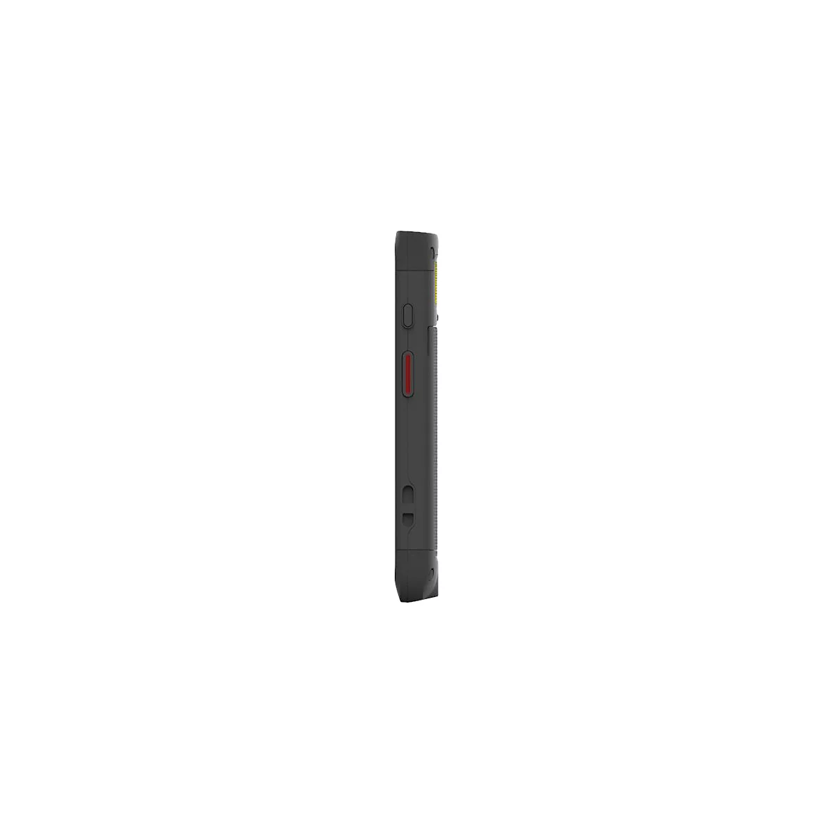 Schwarzes, längliches Gerät im Profil. Roter Knopf und Taste erkennbar.