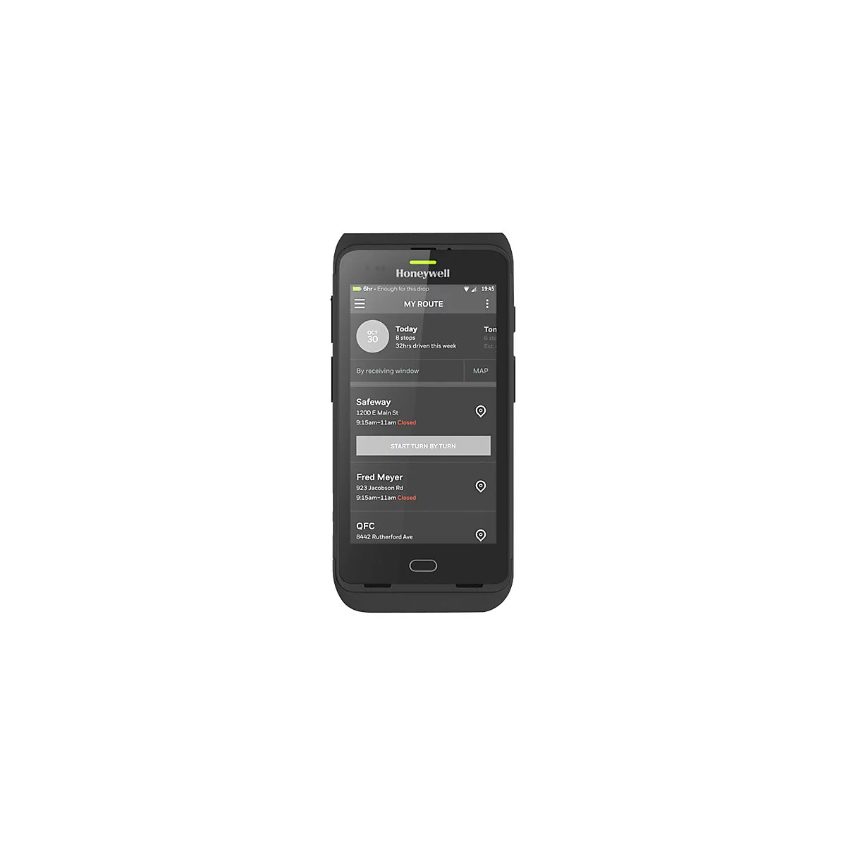Ein schwarzes Honeywell-Gerät mit Routenplaner-App. Auf dem Bildschirm werden Orte mit Uhrzeiten angezeigt. Unten ein Home-Button.