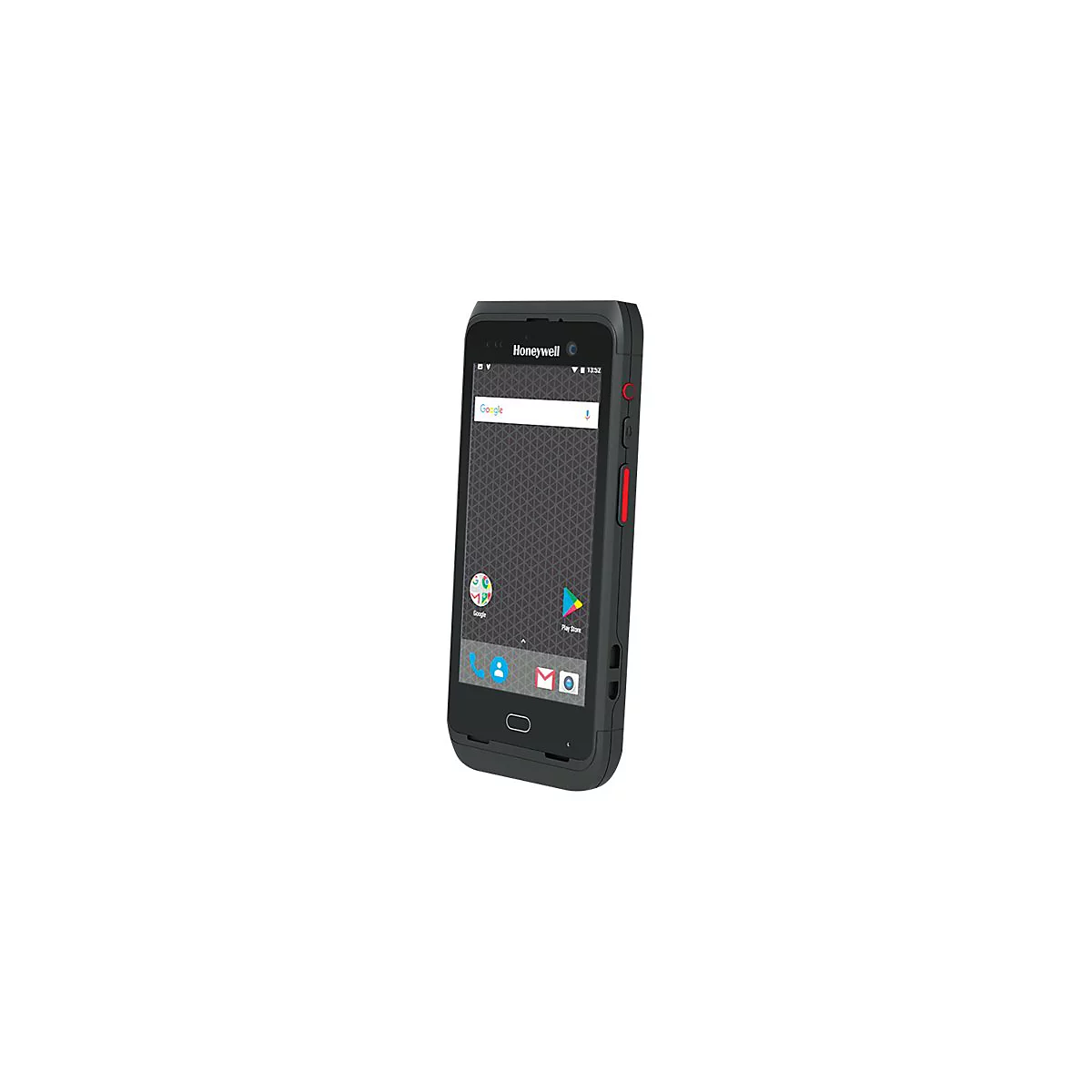Ein schwarzes Smartphone, auf dem Google und Honeywell Logos zu sehen sind. Roter Knopf an der Seite.