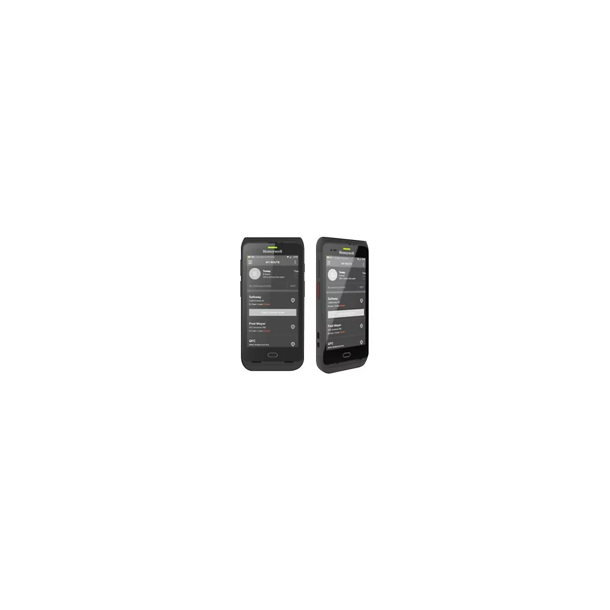 Zwei schwarze Handheld-Geräte. Auf dem Display wird eine Navigations-App mit Routen angezeigt. Auf den Geräten steht Honeywell.