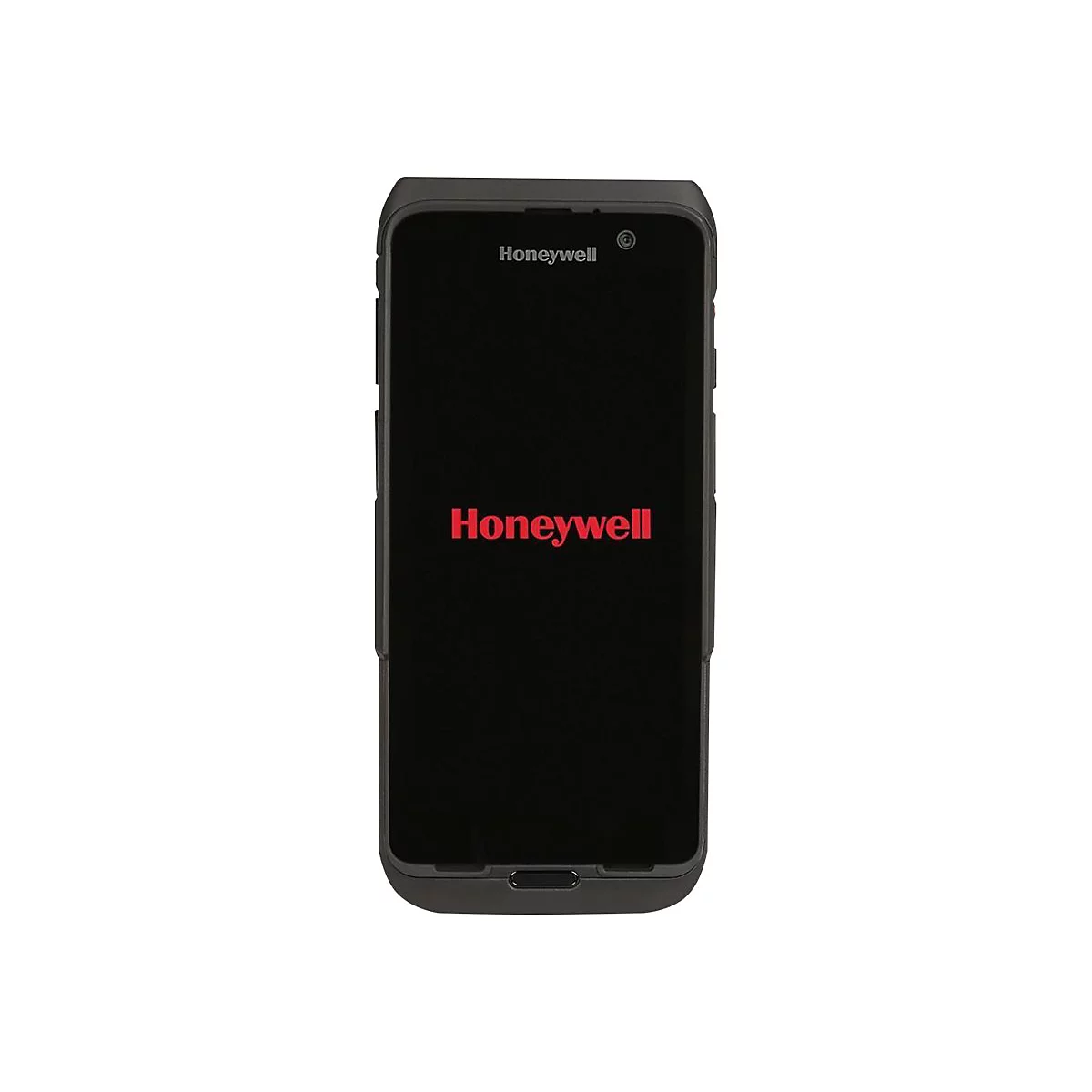 Schwarz-graues Honeywell-Handheld-Gerät mit rotem Honeywell-Logo auf dem Bildschirm.