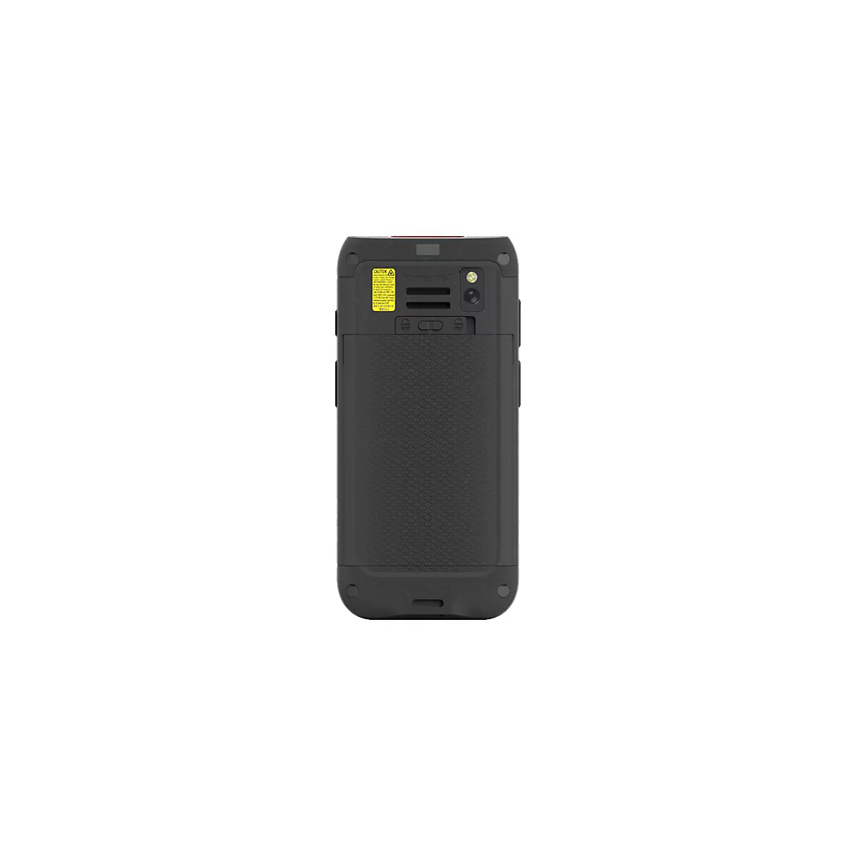 RÃ¼ckseite eines schwarzen, robusten Barcode-Scanners mit strukturiertem Design, gelbem Aufkleber und Kamera.