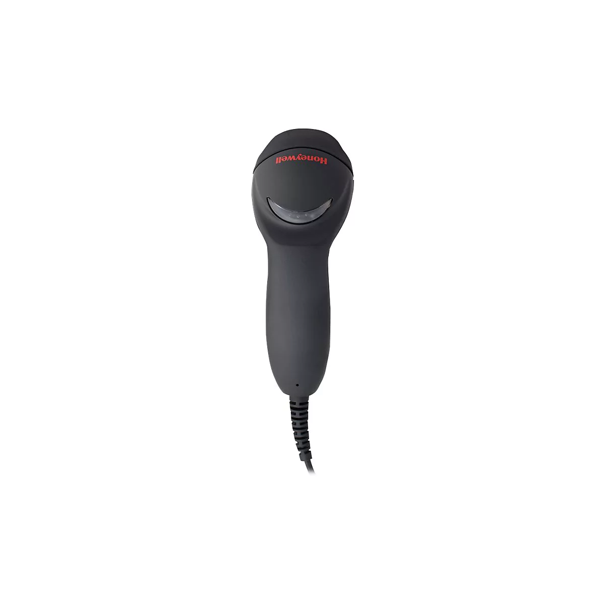 Scanner de codes-barres Honeywell noir, câble, sur fond blanc.
