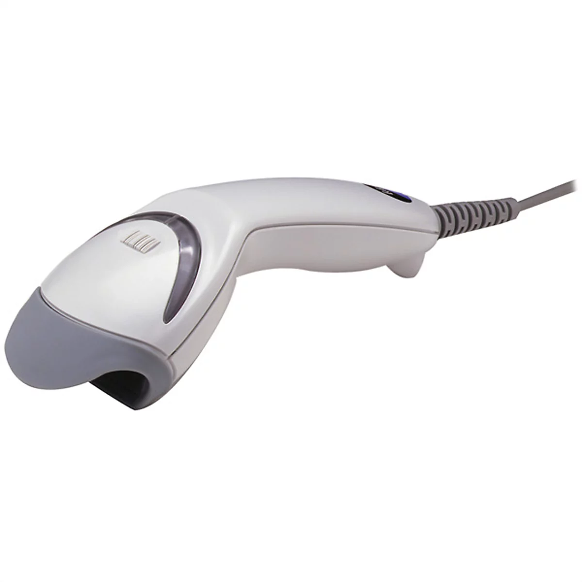 Scanner de codes-barres gris clair avec connexion de câble grise sur fond blanc.