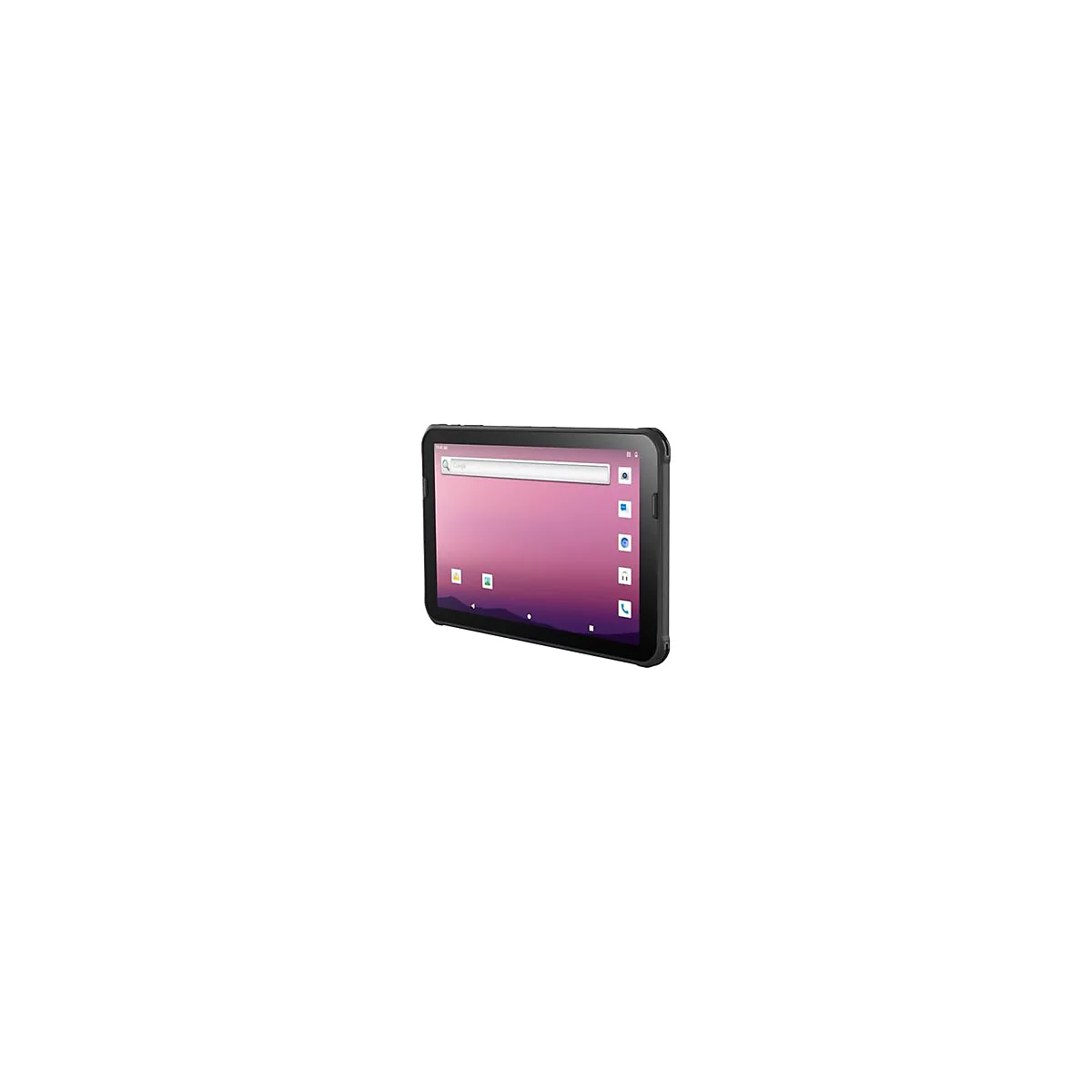 Schwarzes Tablet mit pinkfarbenem Hintergrund. Google-Suchleiste oben, App-Symbole seitlich.