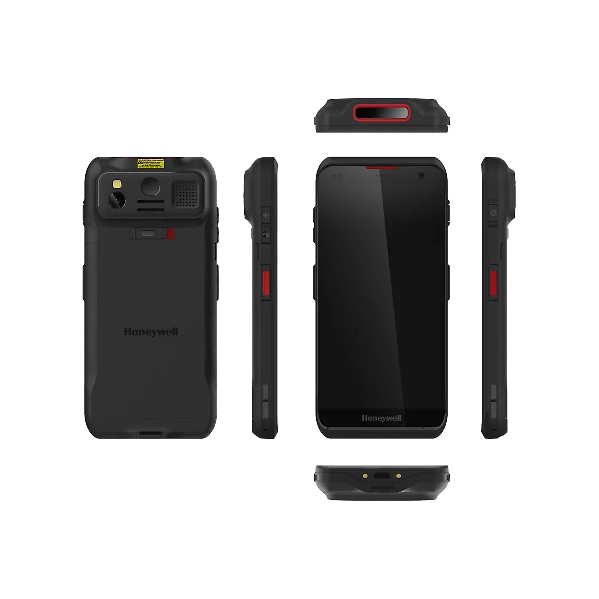 Schwarzes Honeywell-Smartphone mit roten Akzenten, verschiedene Ansichten: Vorder-, RÃ¼ck-, Seiten- und Oberansicht.
