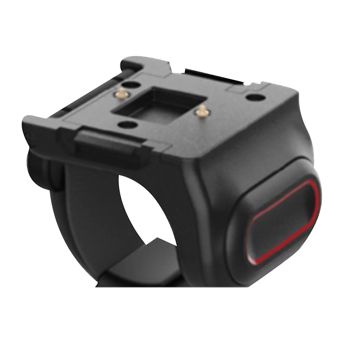 Accessoire de caméra noir avec accent rouge. Design en forme d'anneau.