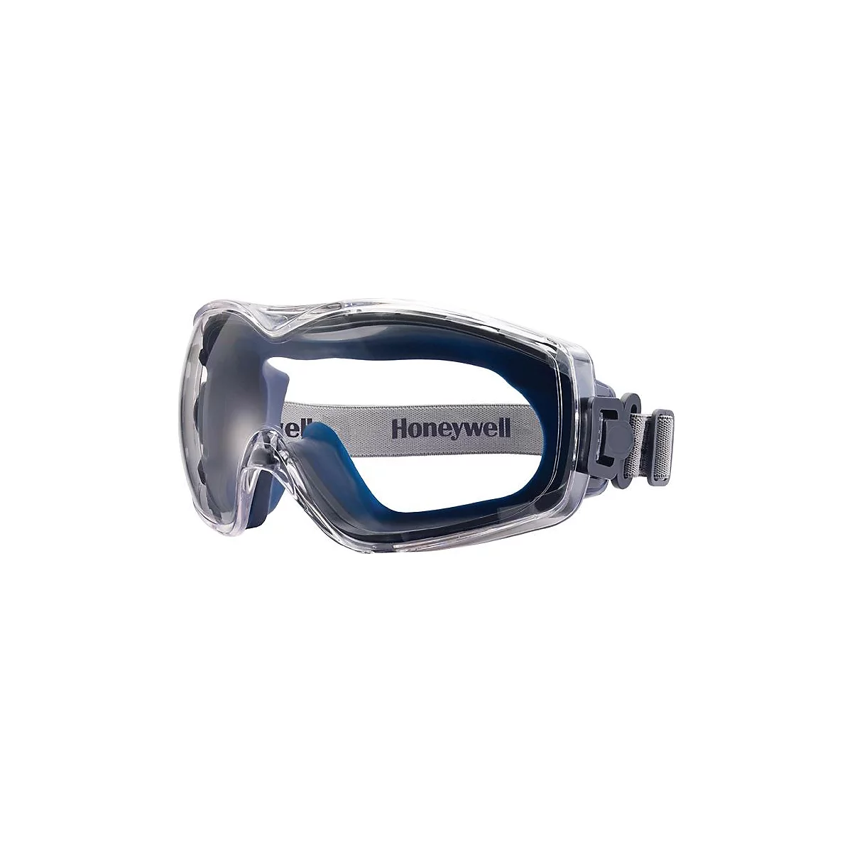 Veiligheidsbril met heldere glazen, donkerblauw montuur en grijze band met het Honeywell-logo.