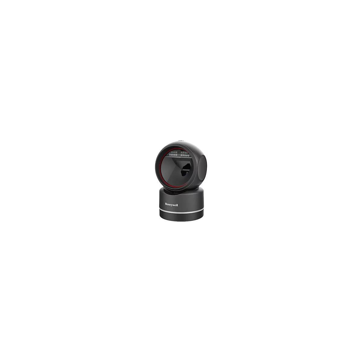 Scanner de codes-barres Honeywell noir avec un anneau rouge. L'appareil est posé sur une base.