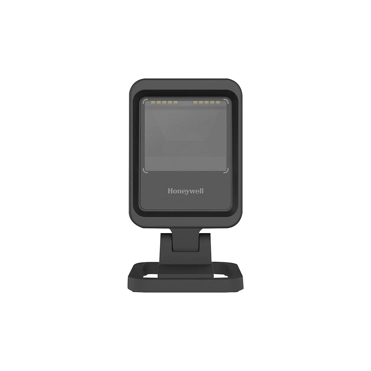Ein schwarzer Barcode-Scanner von Honeywell. Das Gerät steht auf einem Sockel.