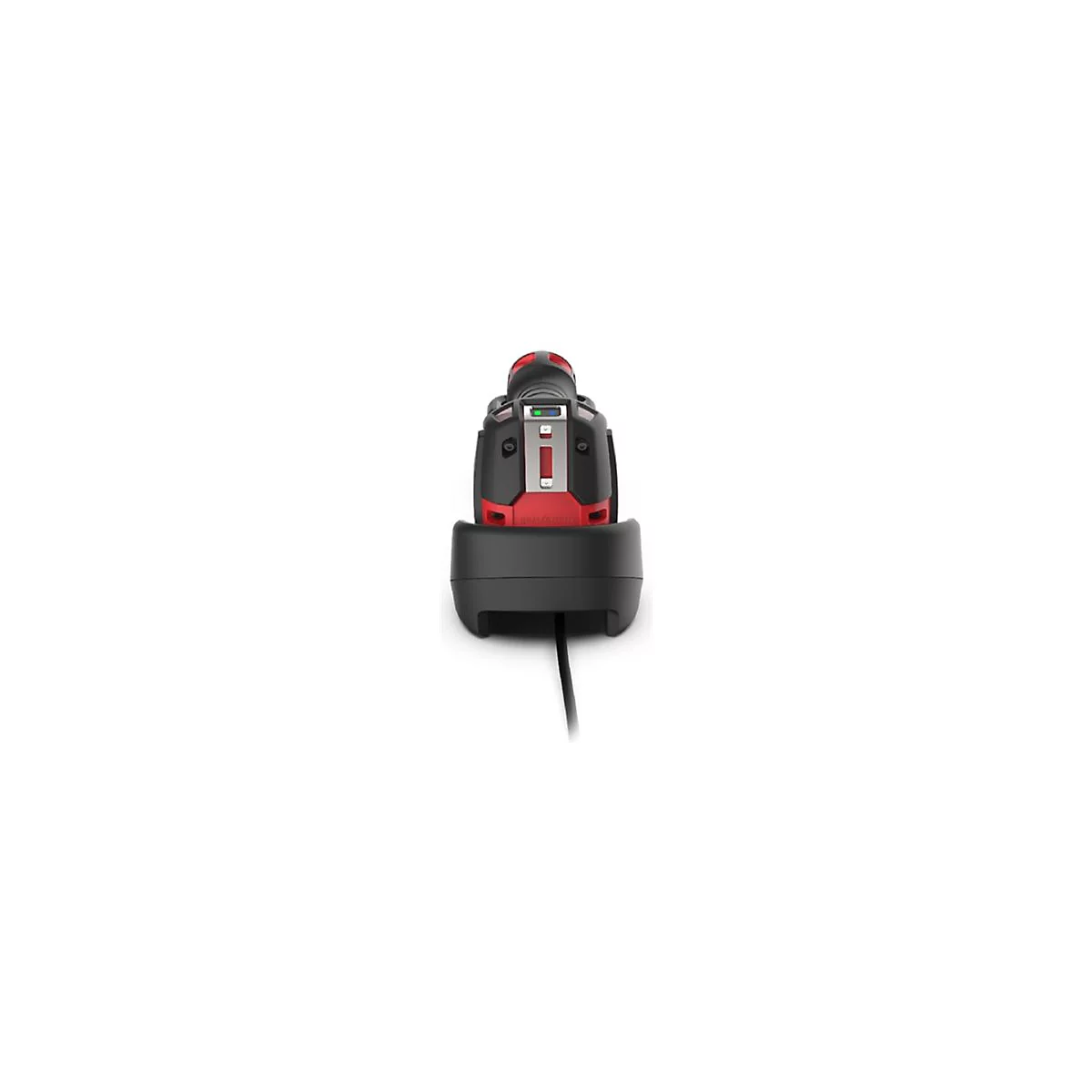 Vue arrière d'un lecteur de codes-barres rouge et noir dans une station de charge noire avec câble sur fond blanc.