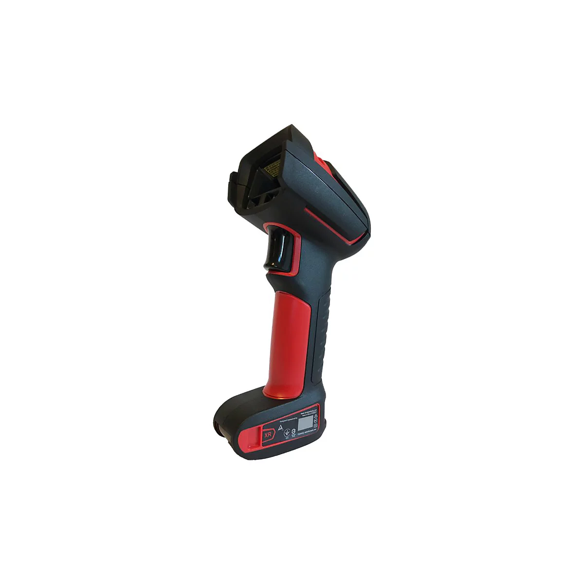 Thermografiekamera, schwarz-rot, mit Griff und kleinem Display am Boden.