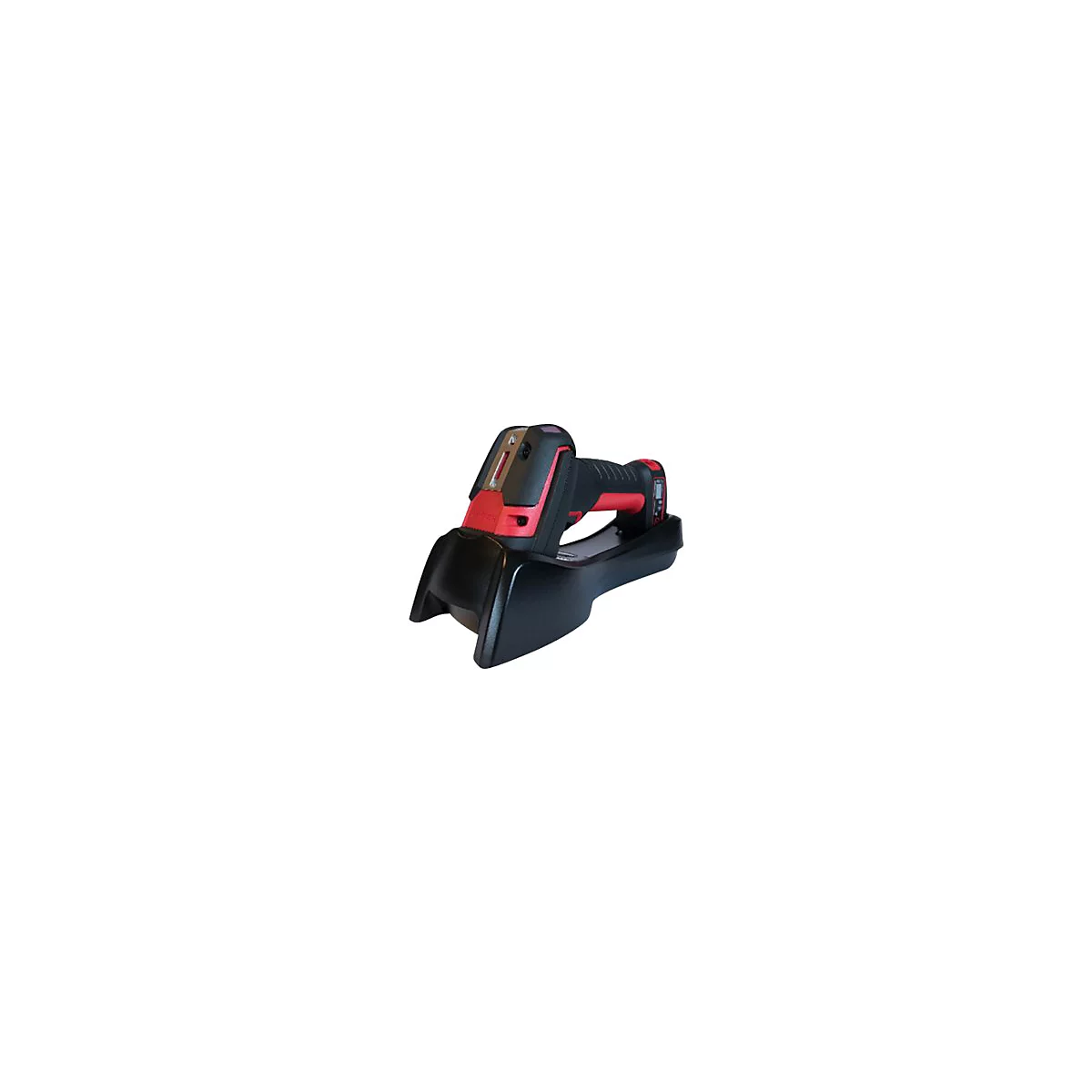Un appareil de cerclage manuel noir et rouge se trouve dans un support noir. L'appareil a une poignée rouge et un écran.