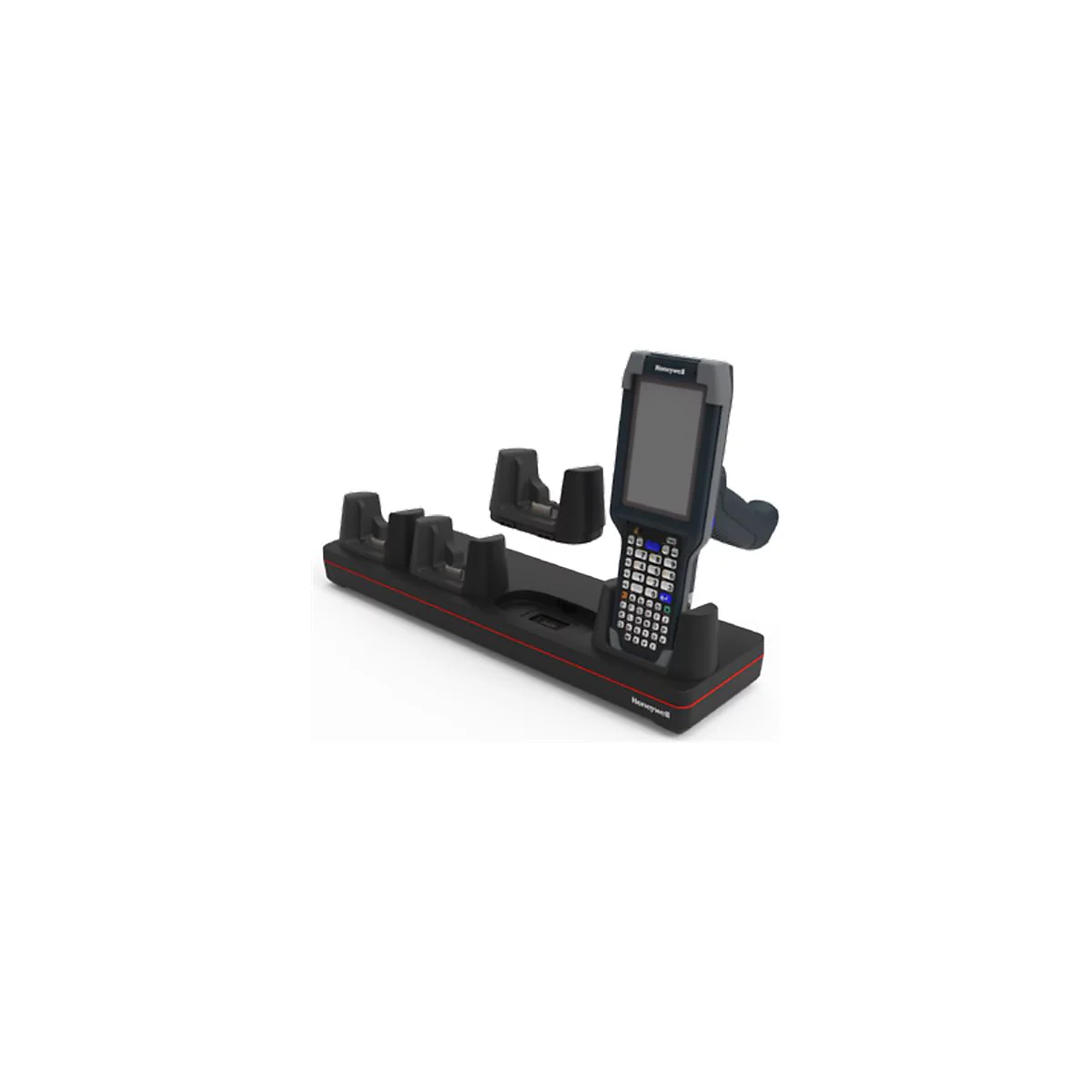 Ein schwarzes Scanner-Set, bestehend aus Ladeschale und Handscanner.