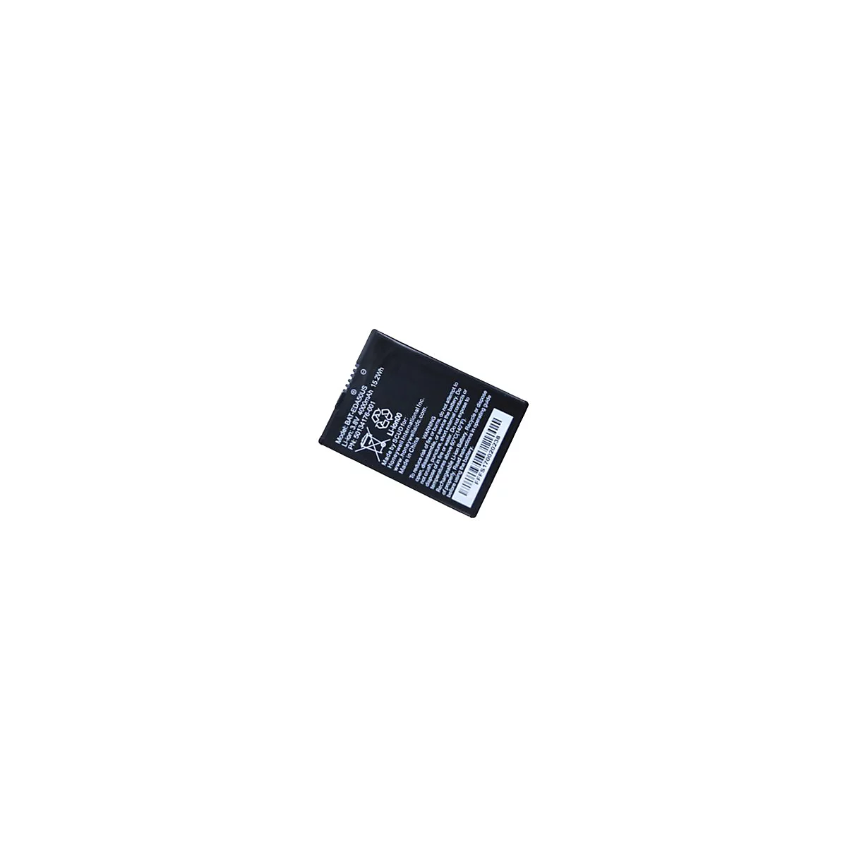 Batterie noire avec texte blanc, comprenant le modèle et les avertissements.