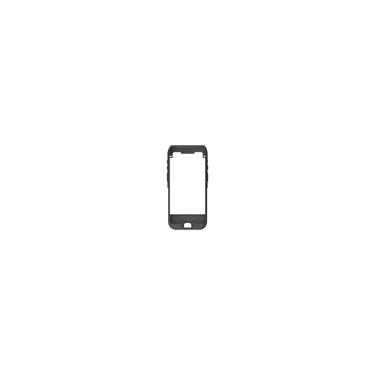 Dunkelgrauer Smartphone-Rahmen vor weiÃŸem Hintergrund, mit Aussparungen fÃ¼r Display, Kamera und AnschlÃ¼sse.